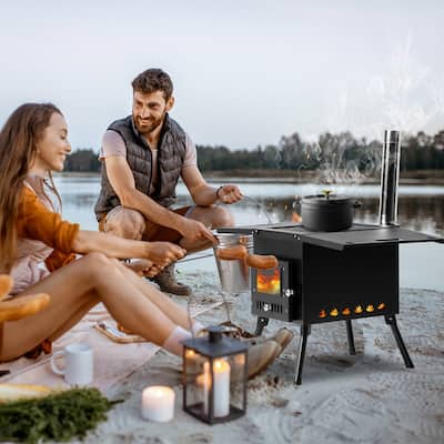 Larger Wood Burning Stove With Chimney For Camping Hiking Picnic
