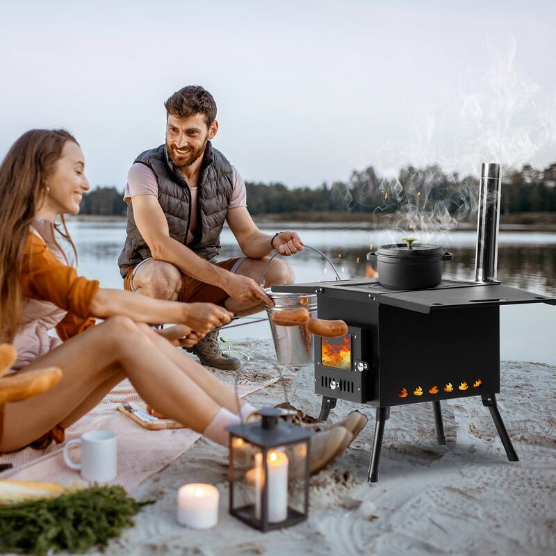Larger Wood Burning Stove With Chimney For Camping Hiking Picnic