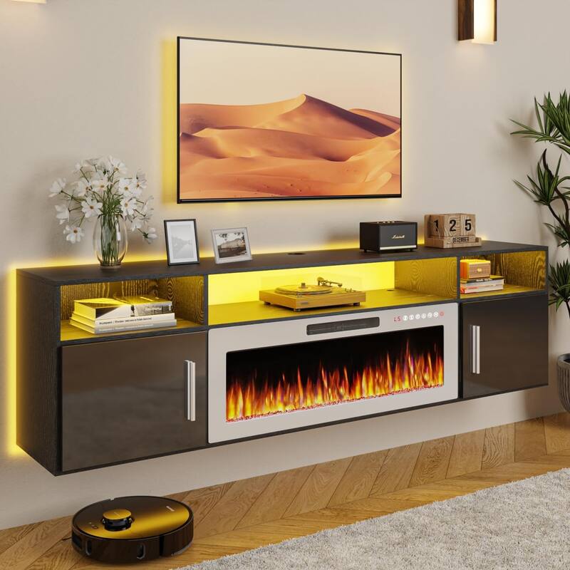 BOSSIN 70" Floating TV Stand with 36" Electric Fireplace, High Gloss Finish Wall Mounted Fireplace TV Stand with Storage - New Black