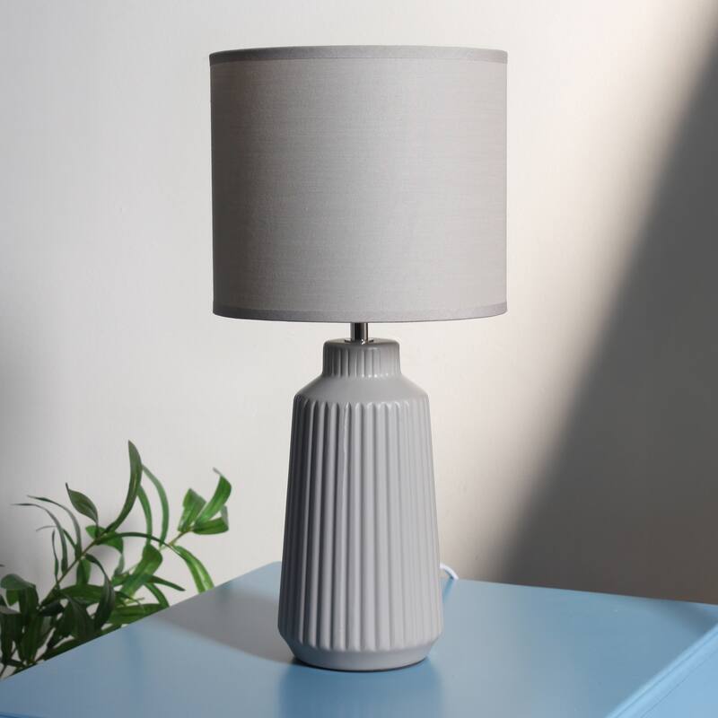 Vertical Grooved Ceramic Table Lamp with Drum Shade - 16" - Gray