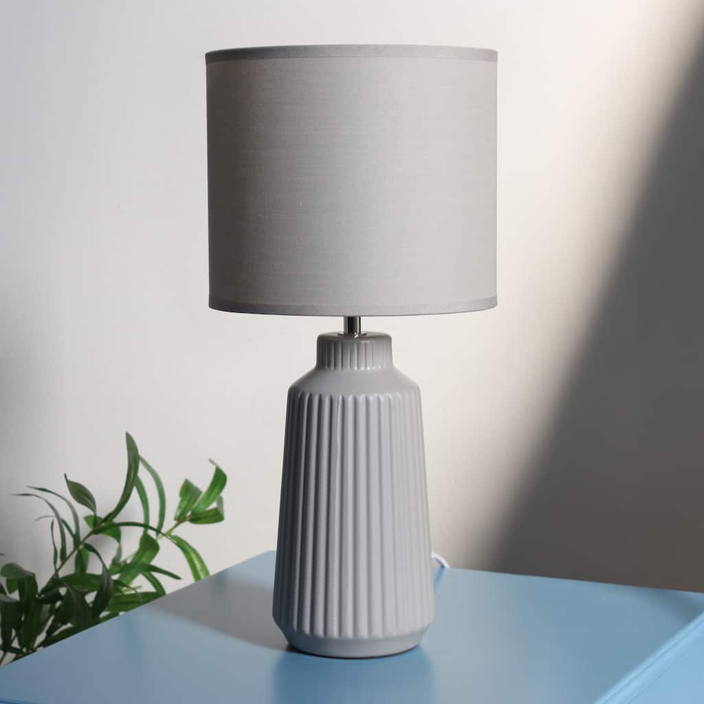 Vertical Grooved Ceramic Table Lamp with Drum Shade - 16" - Gray