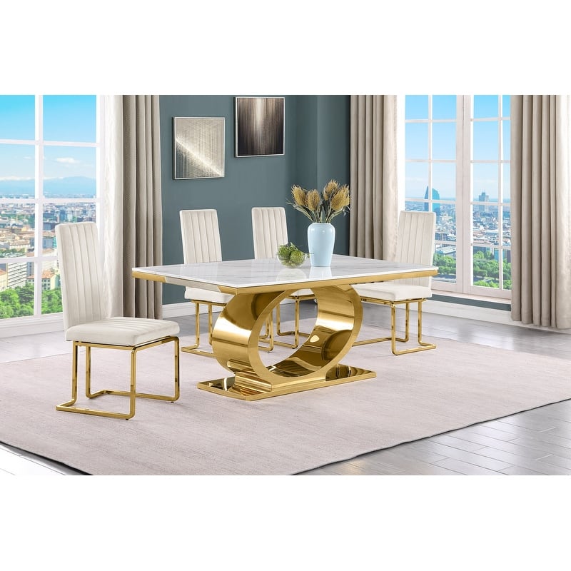 Best Quality Furniture D430/1-SC340-7 Dining Set with 68" White Marble Top - 5-Piece - Cream / Gold