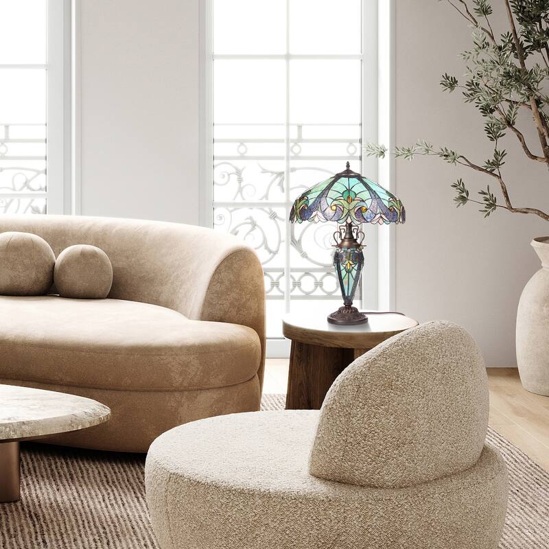 Halston River of Goods Double Lit Stained Glass 24.5-Inch Table Lamp - 18" X 18" X 24.5"