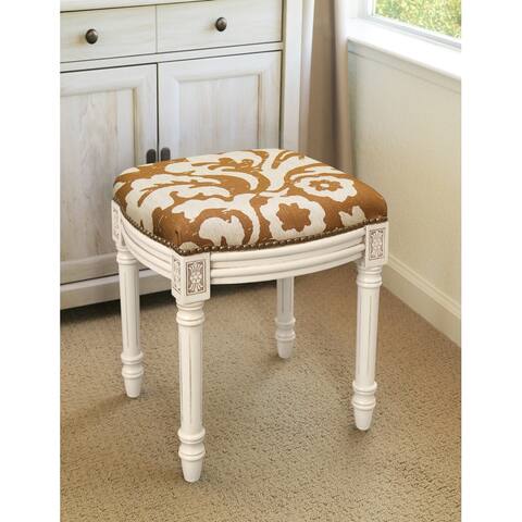 Jacobean Foam/Linen/Wood Floral Antique White Finish Nail Head-accented Vanity Stool