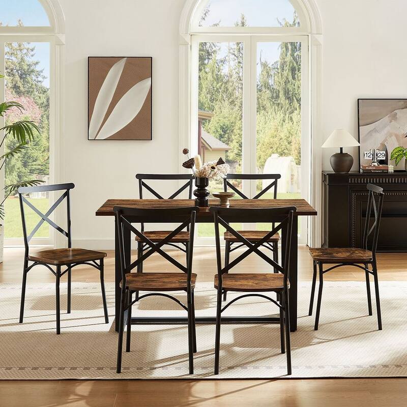 7 Piece Industrial Dining Table Set with 6 Chairs with Backrest for Kitchen