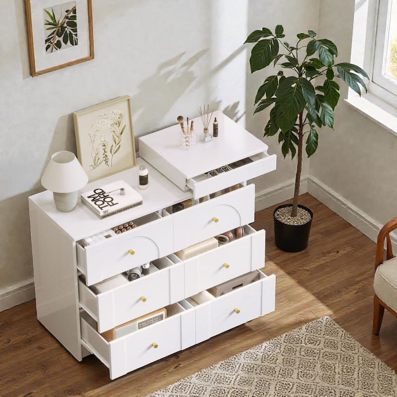 Vanity Desk with Flip-Top Mirror and LED Lights, Makeup Table with 7 Drawers, 9 Compartments, Shelves, 3-Color Modes