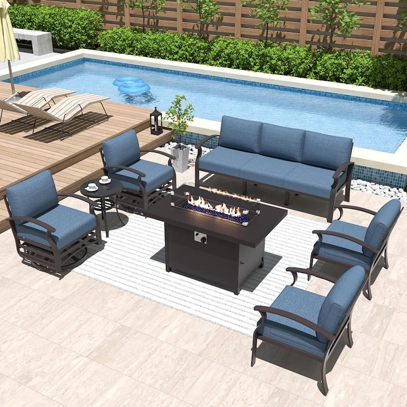 Kullavik Aluminum Outdoor Patio Furniture with Curved Armrests & Firepit Table - 7 seats w/FirePit - Navy Blue