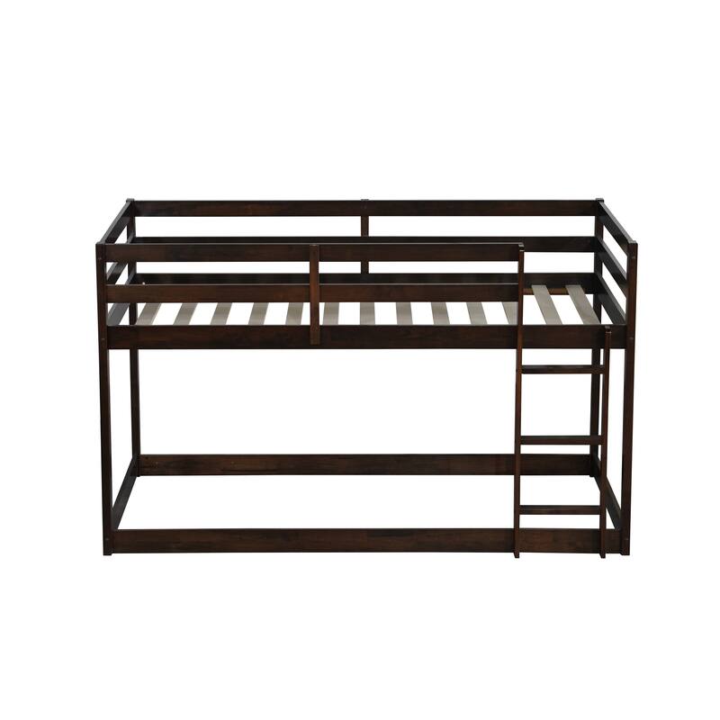 Low Loft Bed with Ladder, Solid Rubber Wooden Bed Frame for Multi Children, Floor Bed - Available with or without Slats
