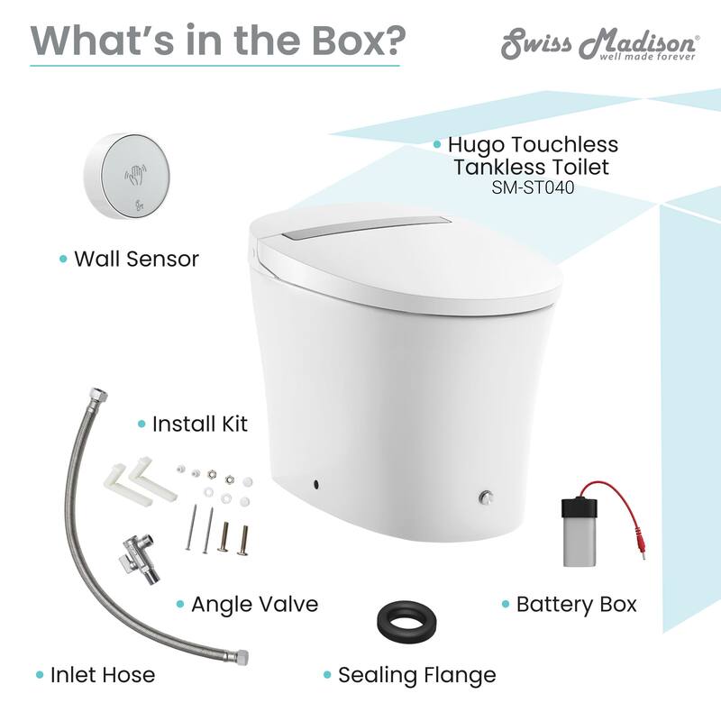Hugo Smart Tankless Elongated Toilet, Touchless Vortex Dual-Flush 1.1/1.6 gpf - White