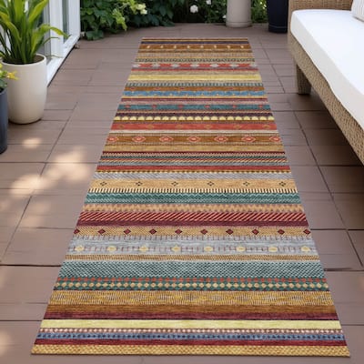 Machine Washable Indoor/Outdoor Boho Stripes Chantille Rug