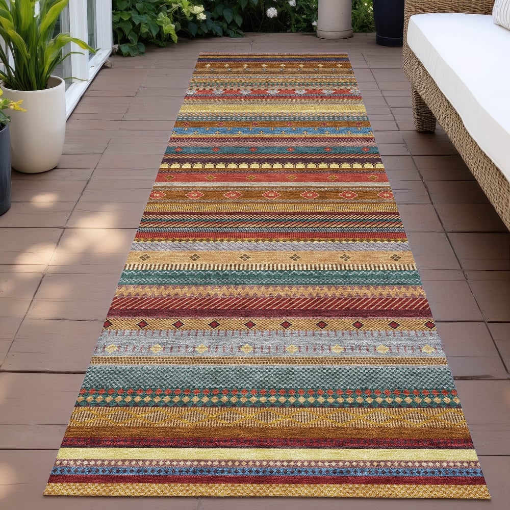 Machine Washable Indoor/Outdoor Boho Stripes Chantille Rug