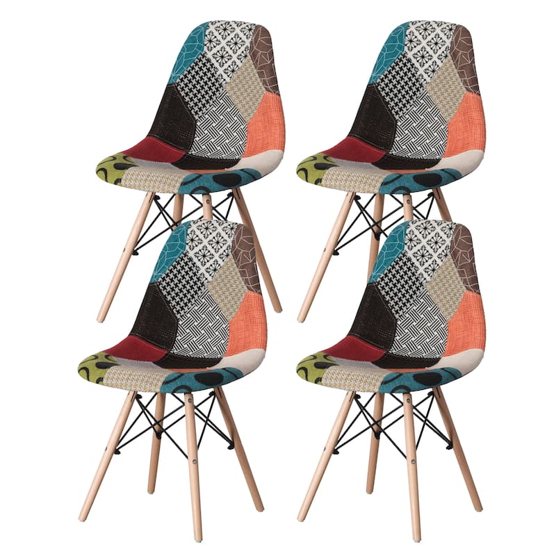 Modern Fabric Patchwork Chair with Wooden Legs for Kitchen, Dining Room, Entryway, Living Room - Set of 4 