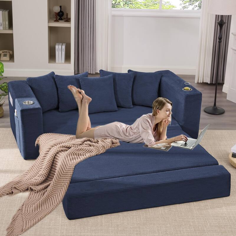 2-in-1 Convertible Sleeper Sofa, Floor Folding Couch, Sofa Bed with Side Pocket, Pull Out Loveseat with Cup Holders - Blue