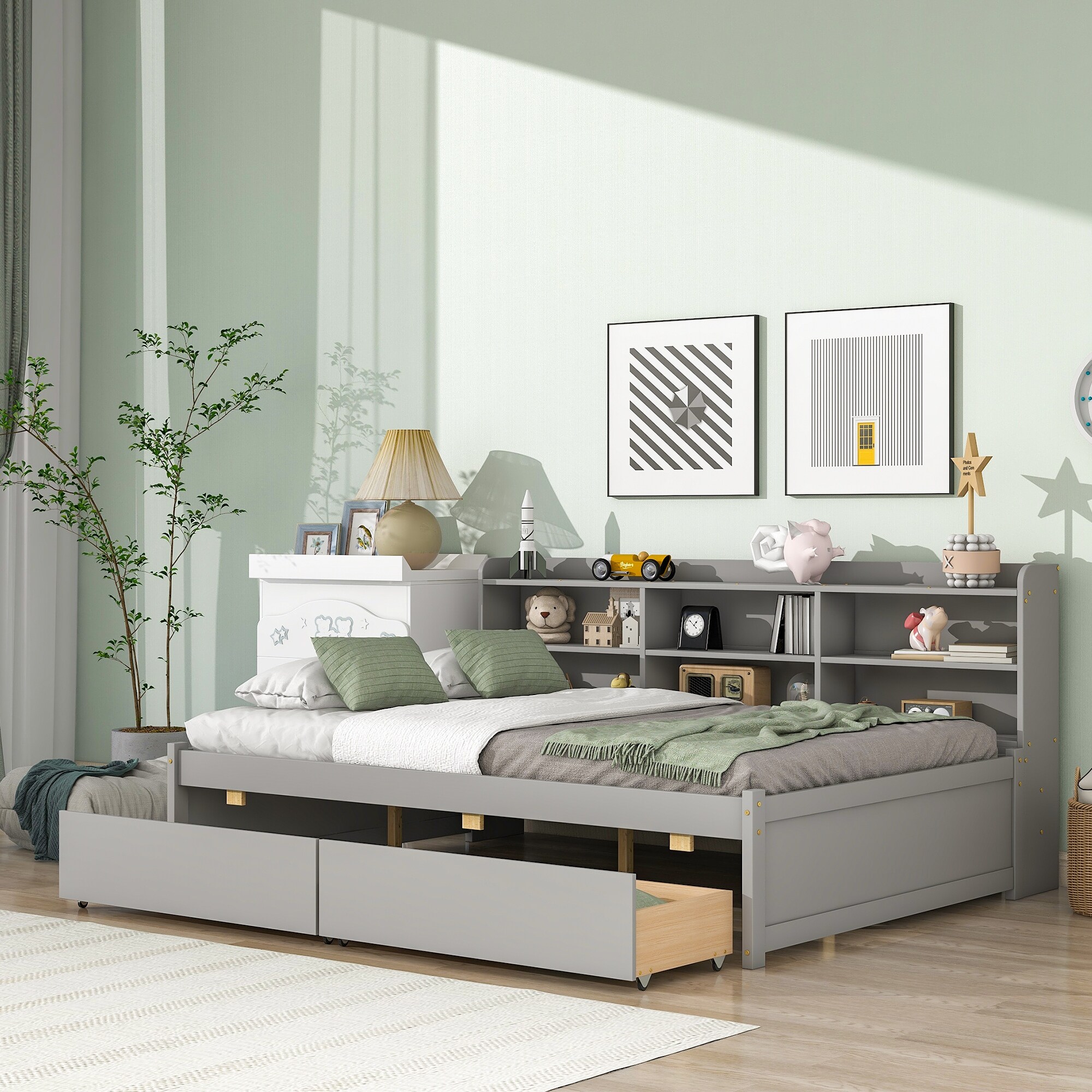 Full Daybed Sofa Bed w Storage Drawers and Side Bookcase