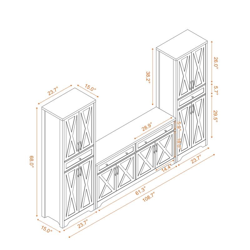 Modern Multi-Functional TV Stand Set, Modular TV Stand with 1 TV Stand and 2 Side Cabinets, for Living Rooms, White+Walnut