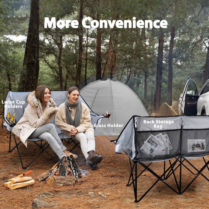BOSSIN Double Outdoor Camping Chair - Heavy-Duty 650lb XL Folding Loveseat with Cup Holders, Back Storage & Carry Strap