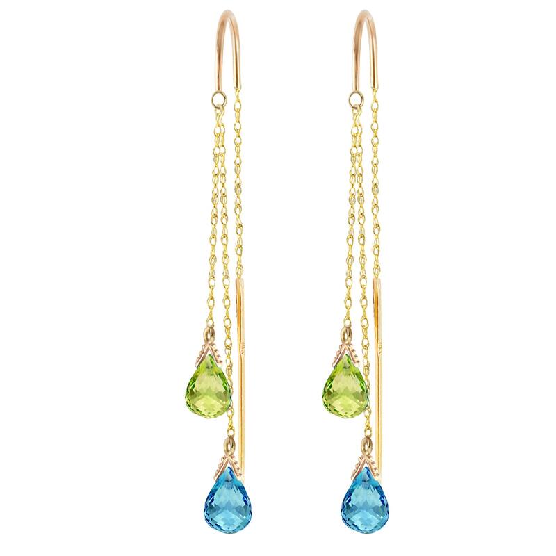 14K Solid Gold Threaded Dangle Earrings w/ Blue Topaz & Peridots