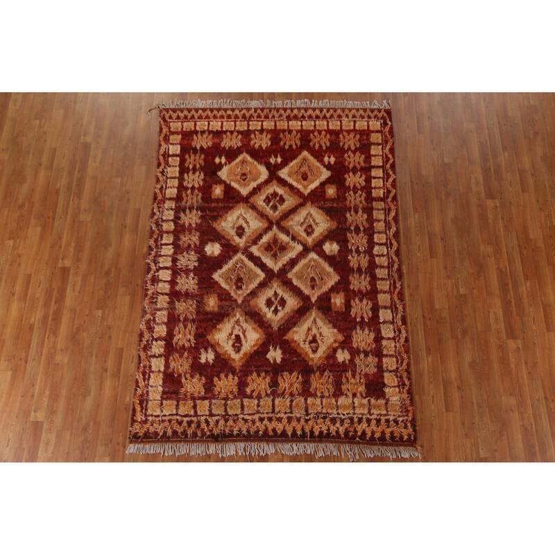Hand Knotted Oriental 100% Wool Carpet Modern Tribal Red Moroccan Area Rug - 8' 0'' X 5' 7''