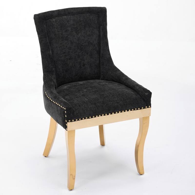 Chenille Dining Chairs,Curved Gold - Plated Legs & Rivet Trim,Accent Seating With Textured Fabric&One-Piece Structure,Set Of 2