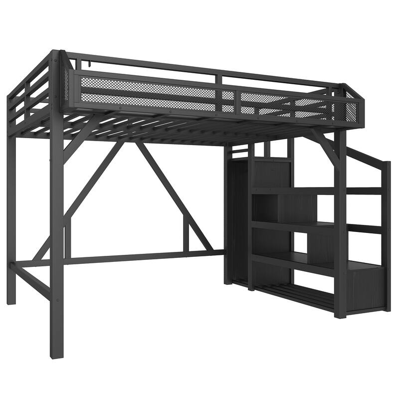 Queen/Full Metal Loft Bed with Storage Stairs, Wardrobe, USB Ports & LED Lights