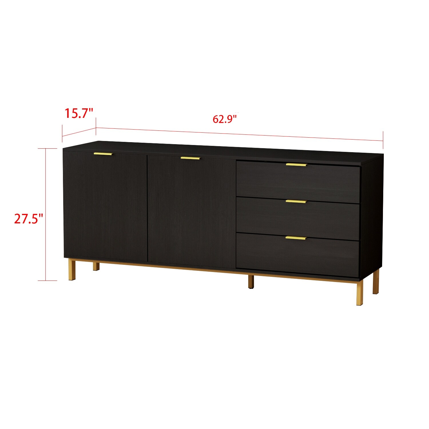 62.9 in. Black Wood Storage Cabinet Kitchen Cabinet with 2-Doors, 3-Dr