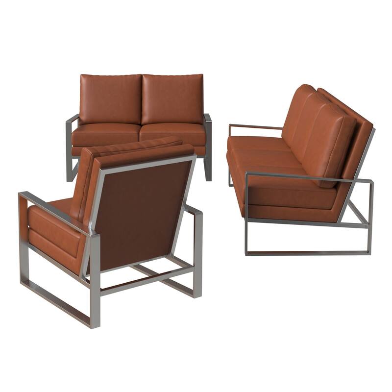 3-Piece Leather Sofa Set Brushed Stainless Steel Base and Removable Cushions