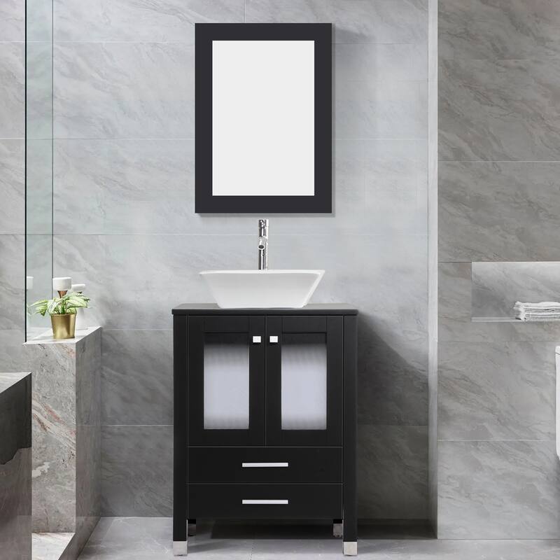 24" Bathroom Vanity with Sink Set Storage Cabinet Combo - Black - B-Ceramic square sink