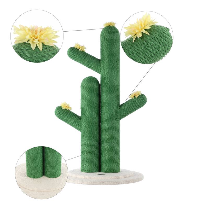 Socorro 34.25" Modern Jute Double-Cactus Cat Scratching Post with Flower Toys, Green/White