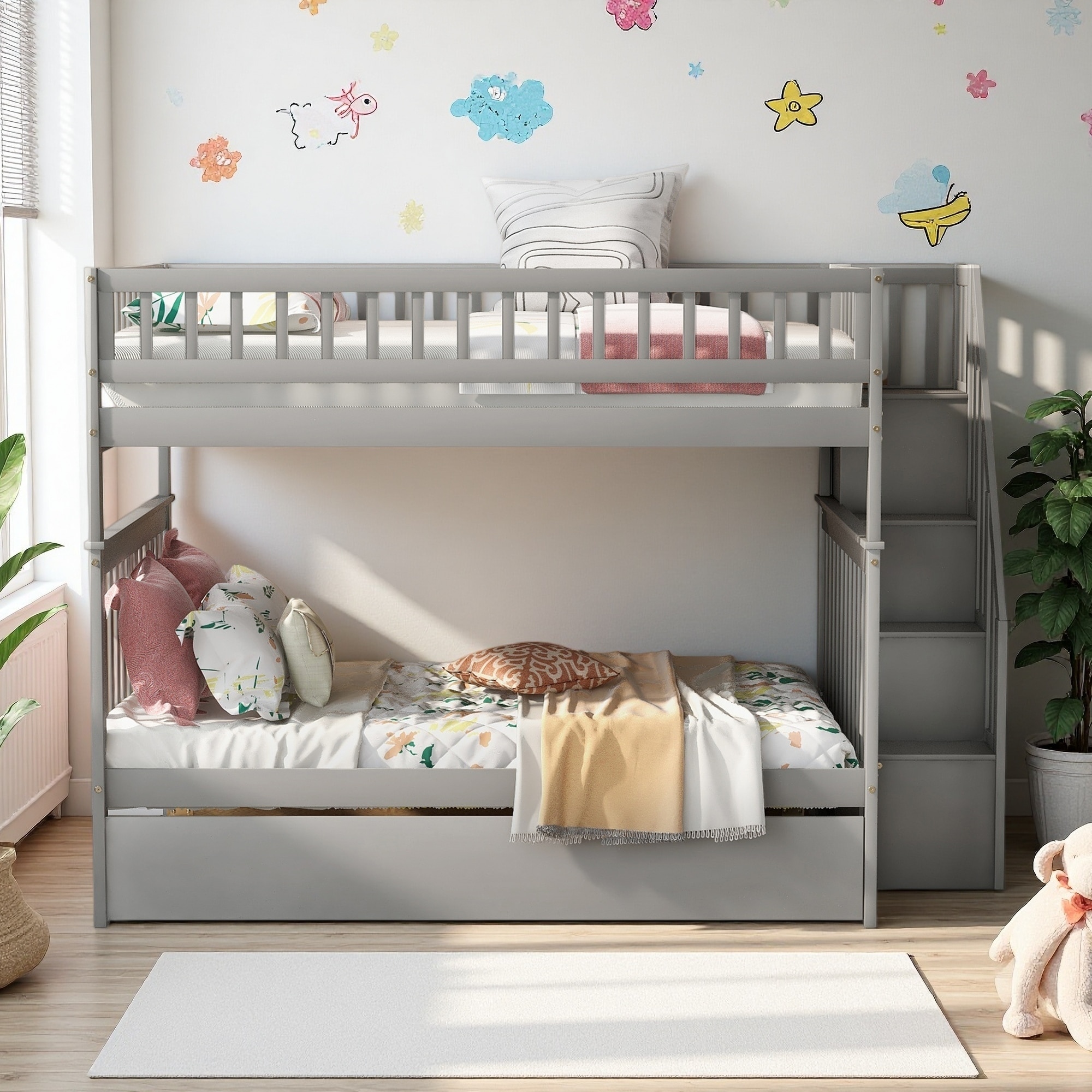Full over Full Wood Bunk Bed with Trundle and Staircase