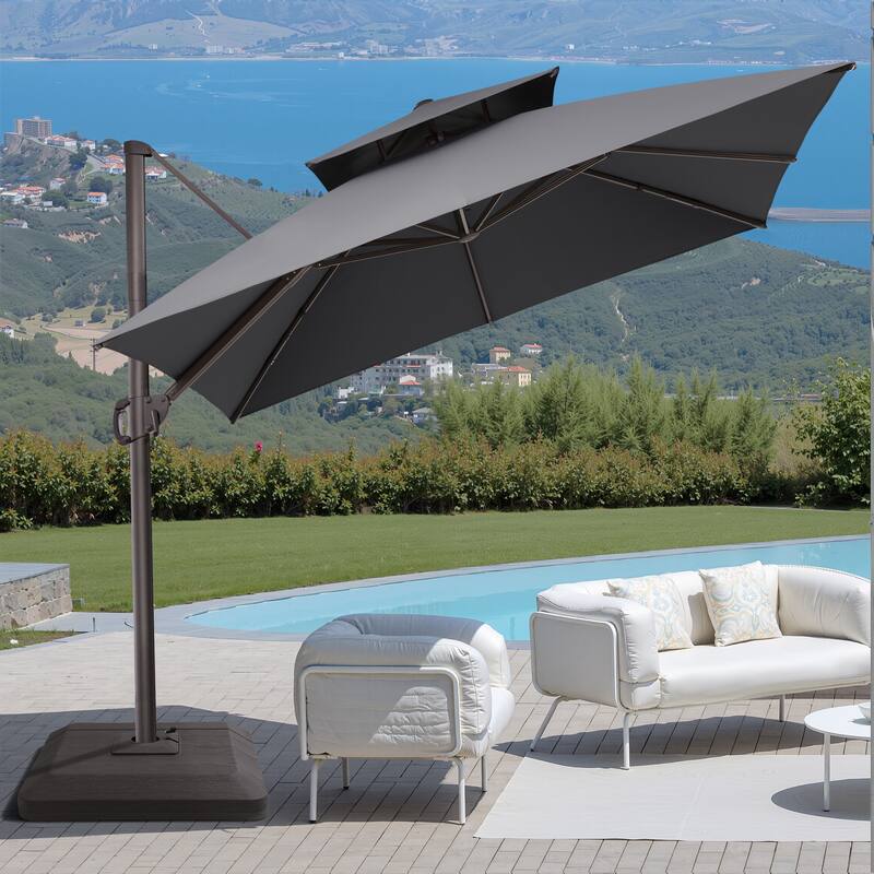 10FT Outdoor Square Patio Cantilever-Offset Umbrella with Base Stand - Dark Grey