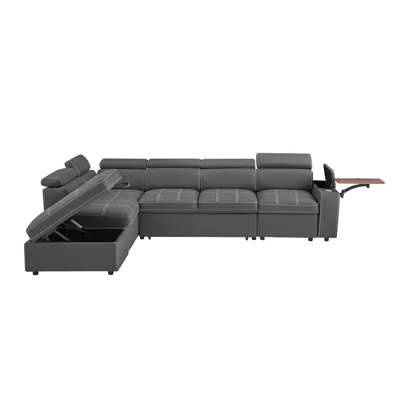 Modern Sectional Sofa Bed with USB Ports and Storage Ottoman and Swivel Table for Living Room and Guest Room