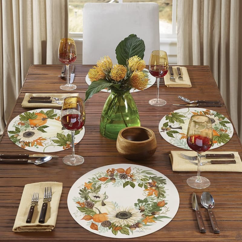 Farmhouse Fall Round Reversible Easy Care Flexible Plastic Placemat 4 Pack Made in The USA