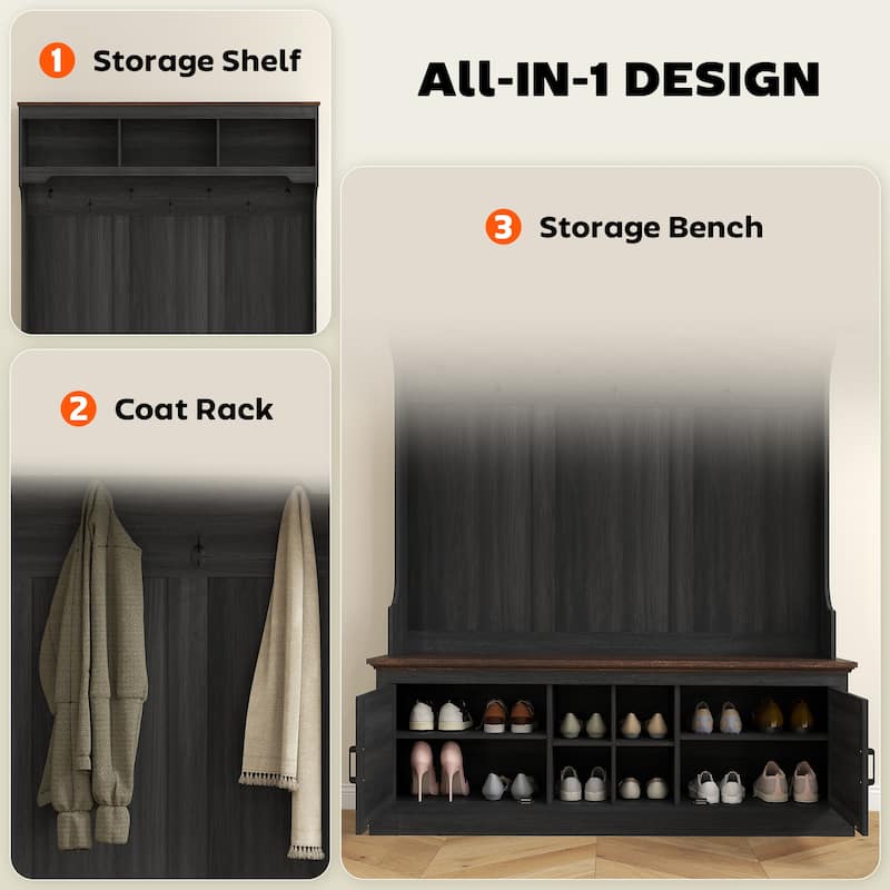 3-in-1 Farmhouse Hall Tree with Bench, Coat Hooks & Shoe Storage