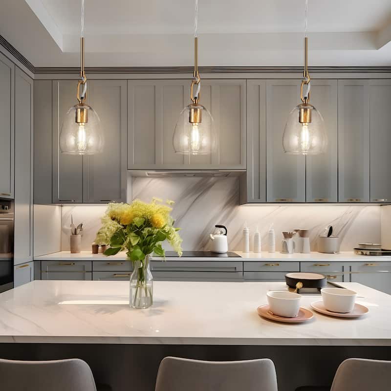 Blobfish Modern Gold 1-Light Glass Pendant Light for Kitchen Island Bedroom - 5.1"D x 18"H - 73"H