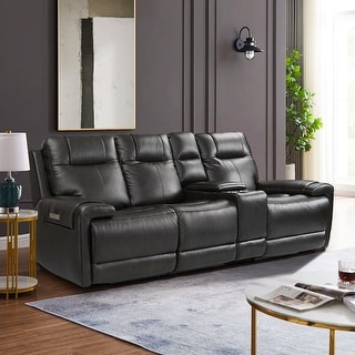 107" Wide Genuine Leather 3-seat Recliner Sofa Reclining Sofa Couches for Living Room with Storage Console, Adjustable Headrest
