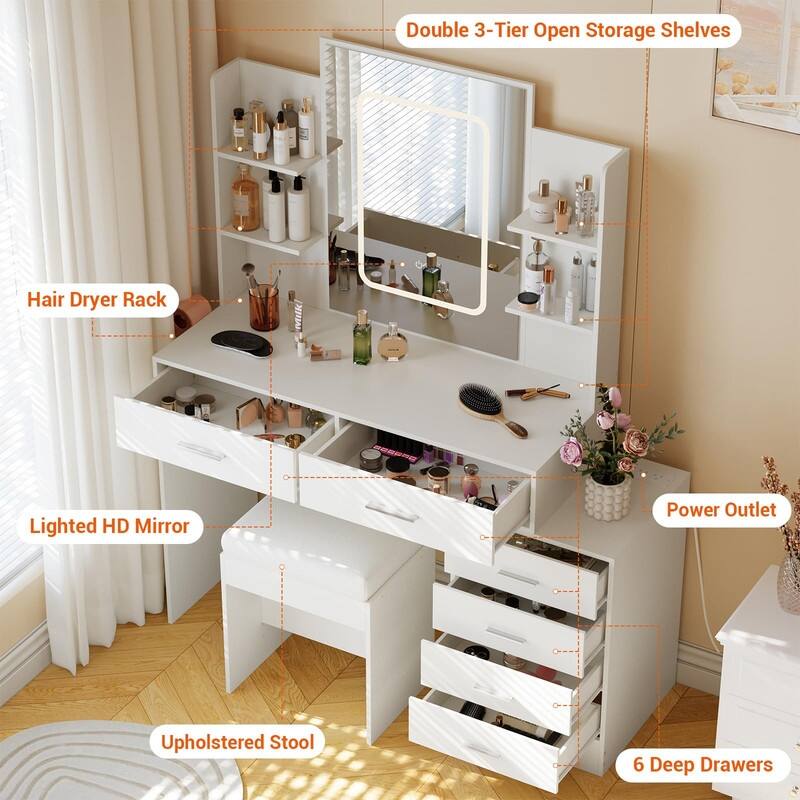 Makeup Vanity with Mirror, 6 Drawers, Shelves, Charging Ports, Hairdryer Holder, Stool