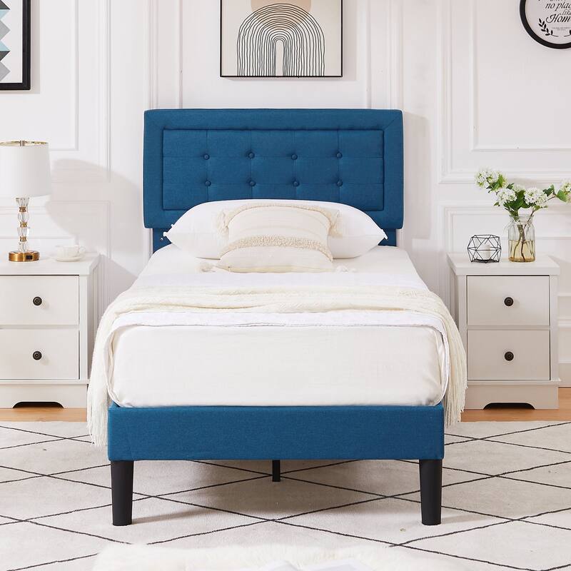 VECELO Tufted Upholstered Kids Bed with Adjustable Headboard,Twin Size Bed Set of 2
