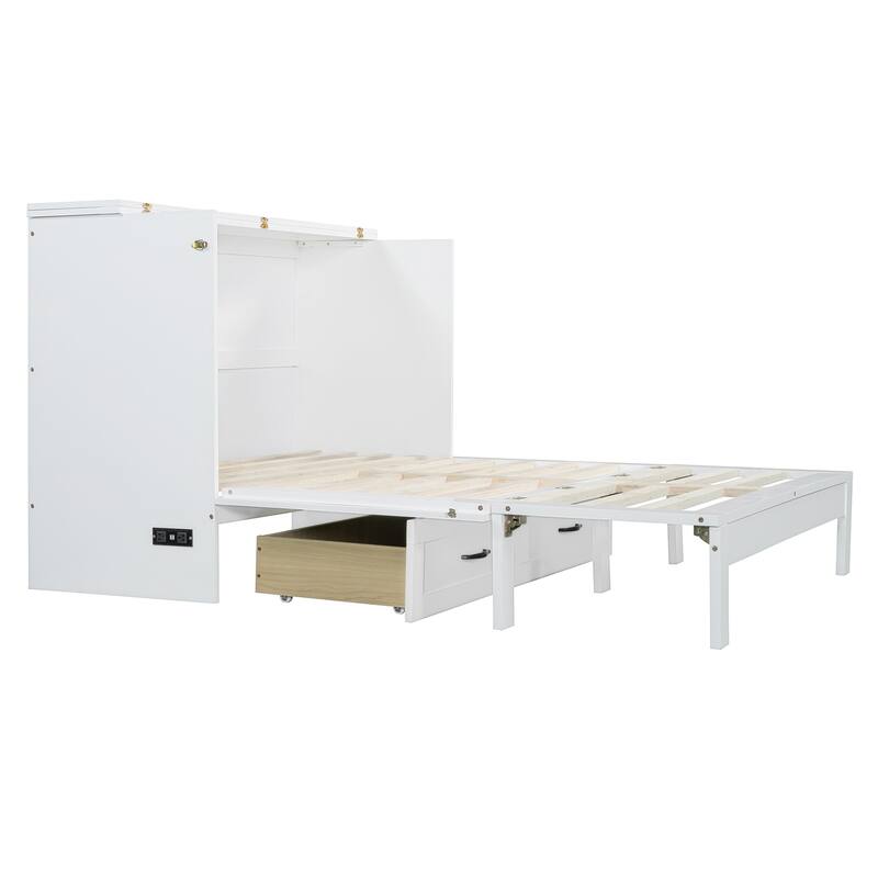 Full Size Murphy Bed Cabinet with Charging Station & A Large Drawer, Foldable Pull Out Wall Bed for Apartments, Bedrooms, Studio
