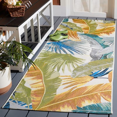 SAFAVIEH Barbados Souzan Tropical Indoor/ Outdoor Waterproof Patio Backyard Rug - Gold/Green - 2'8" x 10'5" Runner