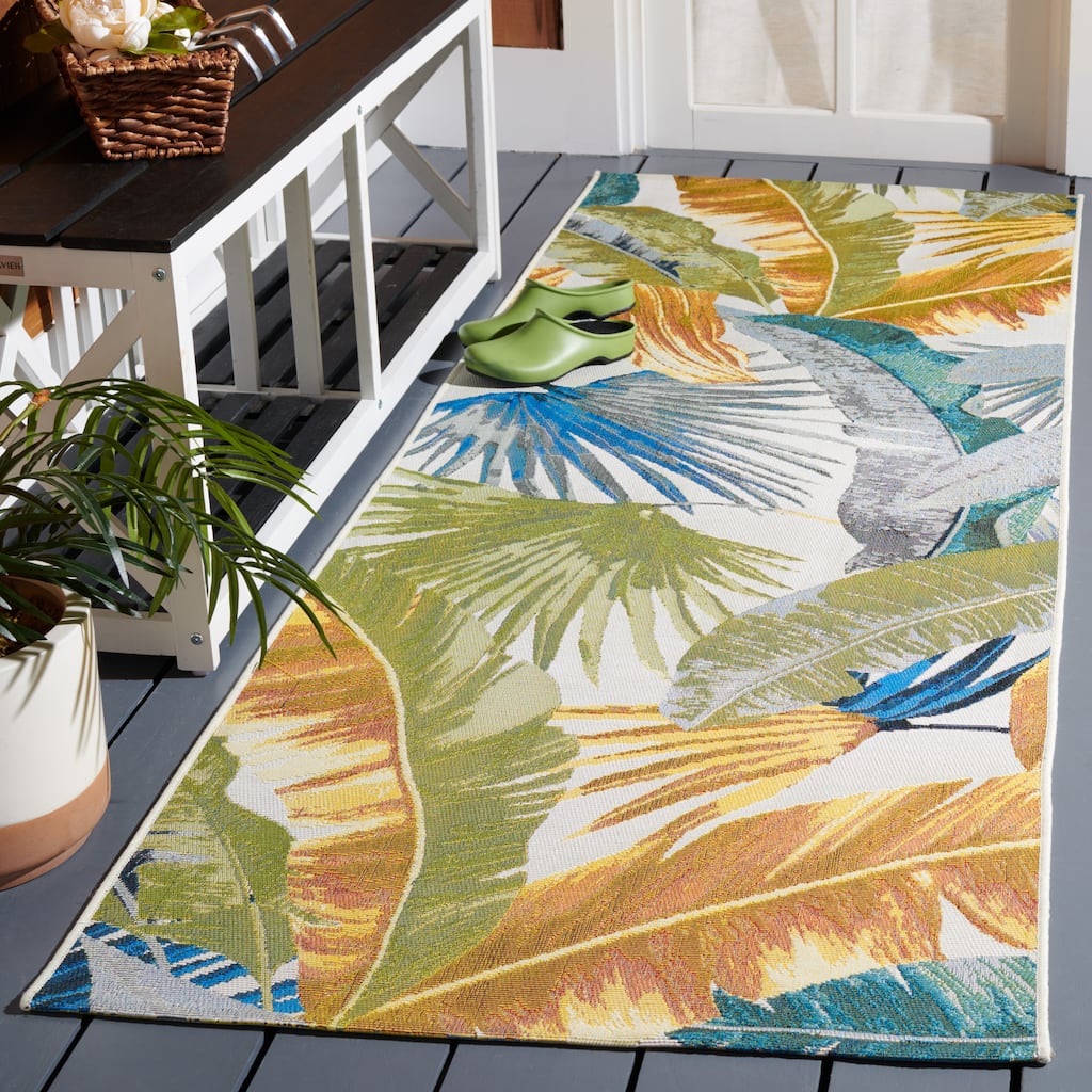 SAFAVIEH Barbados Souzan Tropical Indoor/ Outdoor Waterproof Patio Backyard Rug - Gold/Green - 2'8" x 10'5" Runner