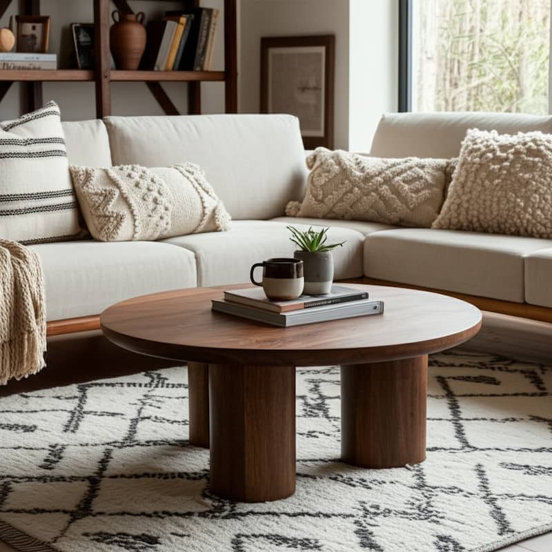 Round Natural Wood Coffee Table Modern Design Solid Cylindrical Legs - Brown - 36" x 36" x 14"