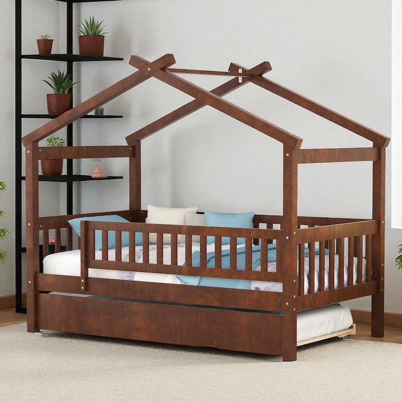 Twin Size Wooden House Bed with Trundle, Roof Design Platform Frame with Headboard for Kids, No Box Spring Needed