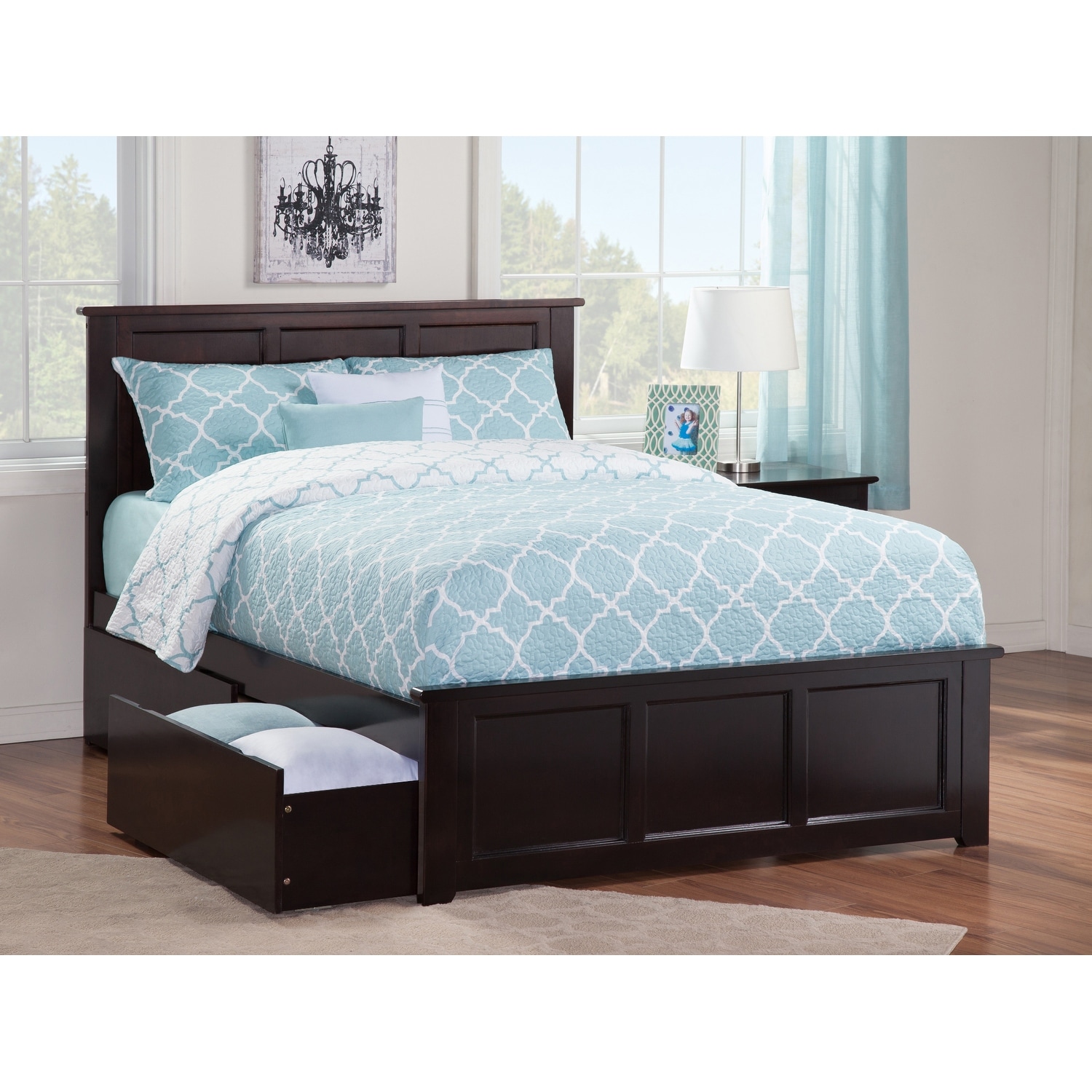 Madison Full Solid Wood Platform Bed with Matching Footboard & 2 Storage Drawers in Espresso