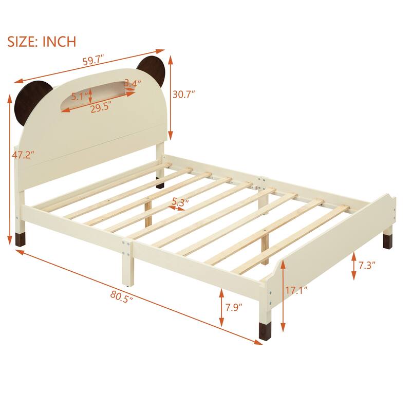 Full Size Wood Platform Bed with Bear-shaped Headboard,Bed with Motion Activated Night Lights