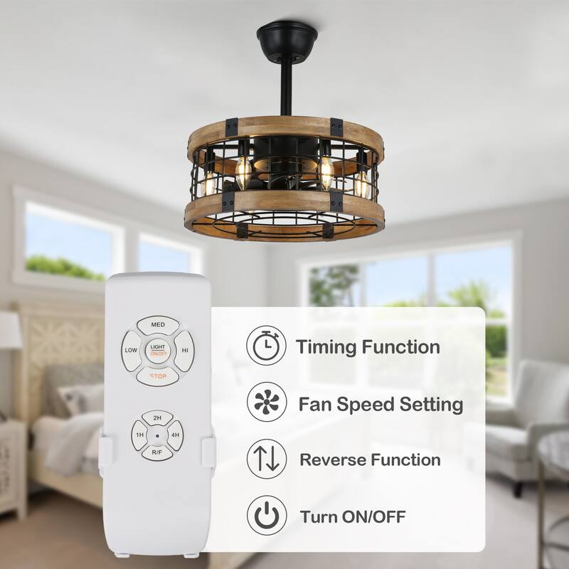 CurveCurio 20" Ceiling Fan Fanlight Soild Wood Frame w Metal Accents 6 Light 3 Fan Speed Quiet Fan w Remote - 18" *18" * 13"