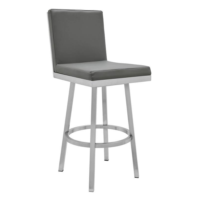 30" Modern Kitchen Swivel Bar Stool with Faux Leather Upholstery Seat and Iron Frame - 44”H x 19”W x 23”D - Grey, Silver