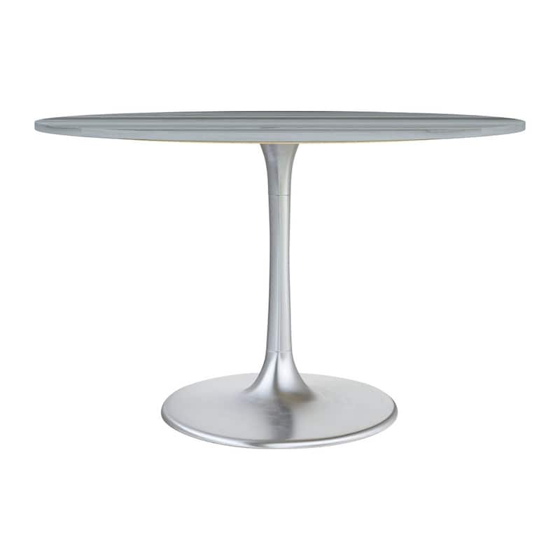 HomeRoots 48" Gray and Silver Marble and Aluminum Pedestal Base Round Top Dining Table - 48.00 in. x 29.90 in. x 48.00 in.