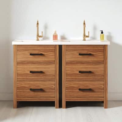 48" Bathroom Vanity with Ceramic Sink, Freestanding Wood Cabinet with 6 Drawers, Modern Storage for Small Spaces