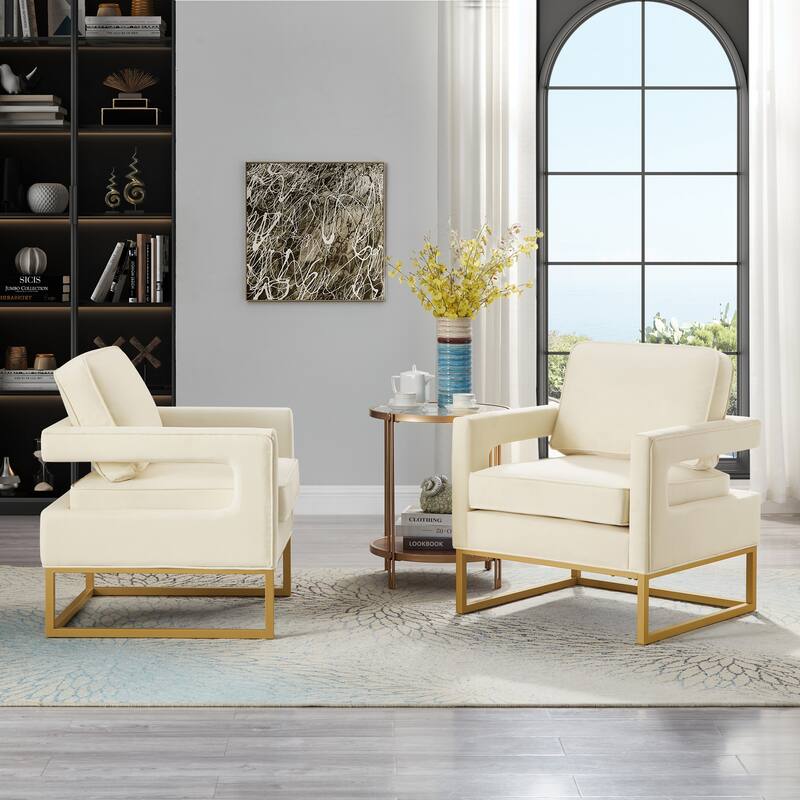 Modern Style Accent Chair with Gold Metal Base , Velvet Upholstered Leisure Chair with Open Armrest, Armchair
