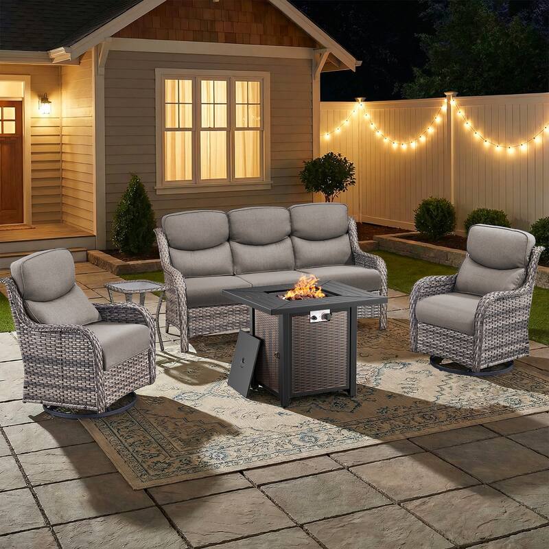 Pocassy 30 In Outdoor Fire Pits with Patio Sofa Swivel Glider Chari Furniture. - Gray Wicker Gray Cushion - 5-Piece Sofa Swivel Chair Table w/ Fie Pit Table